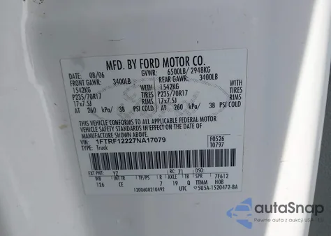 2007 Ford F-150 Stx/Xl/Xlt z USA, uszkodzony, nr VIN 1FTRF12227NA17079